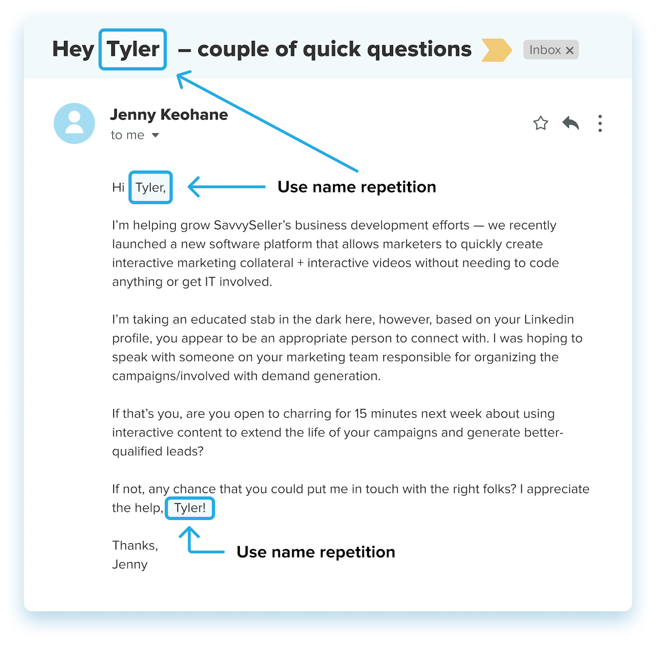 personalized email example: use name repetition