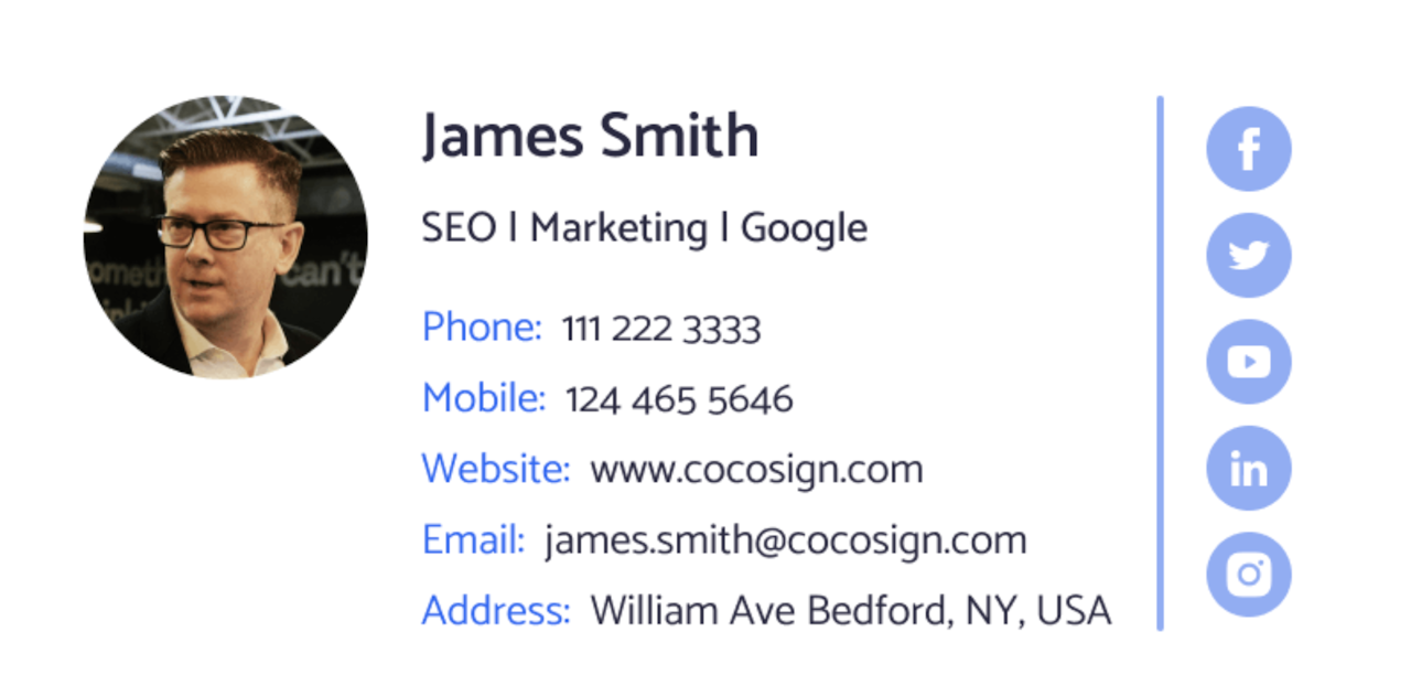 email signature example: contact information and socials