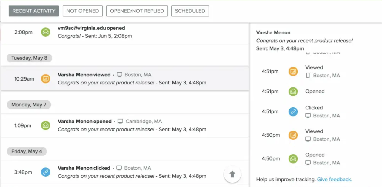 sales cycle: real-time engagement updates with email tracking