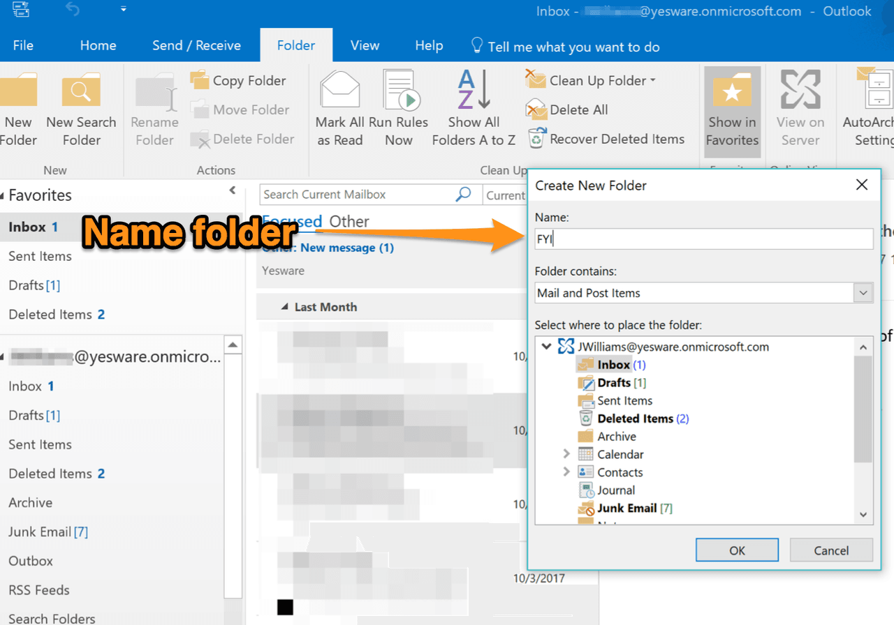 how do i create a new folder in outlook email