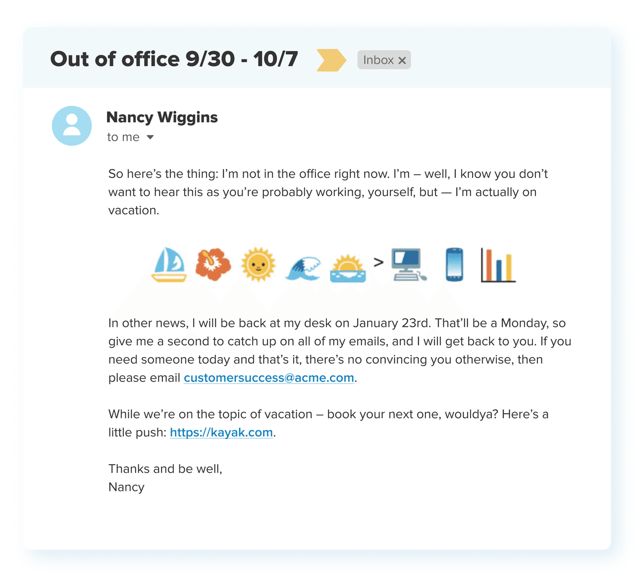 vacation out of office example with emojis