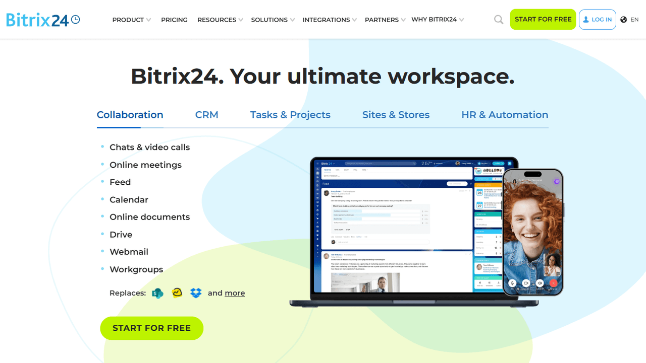 Bitrix24 workspace showing Collaboration, CRM, Tasks & Projects, and Automation tools with unified communication and workflow management.
