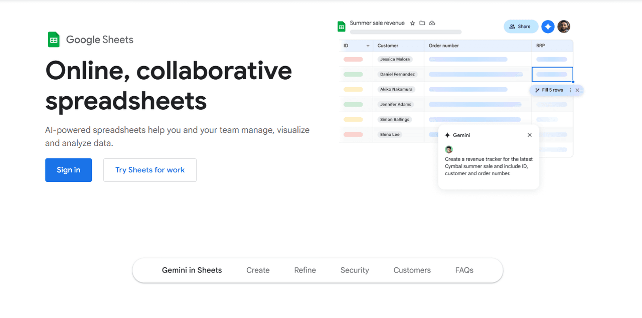 Example of collaborative spreadsheet with Gemini assisting in generating structured revenue-tracking data.