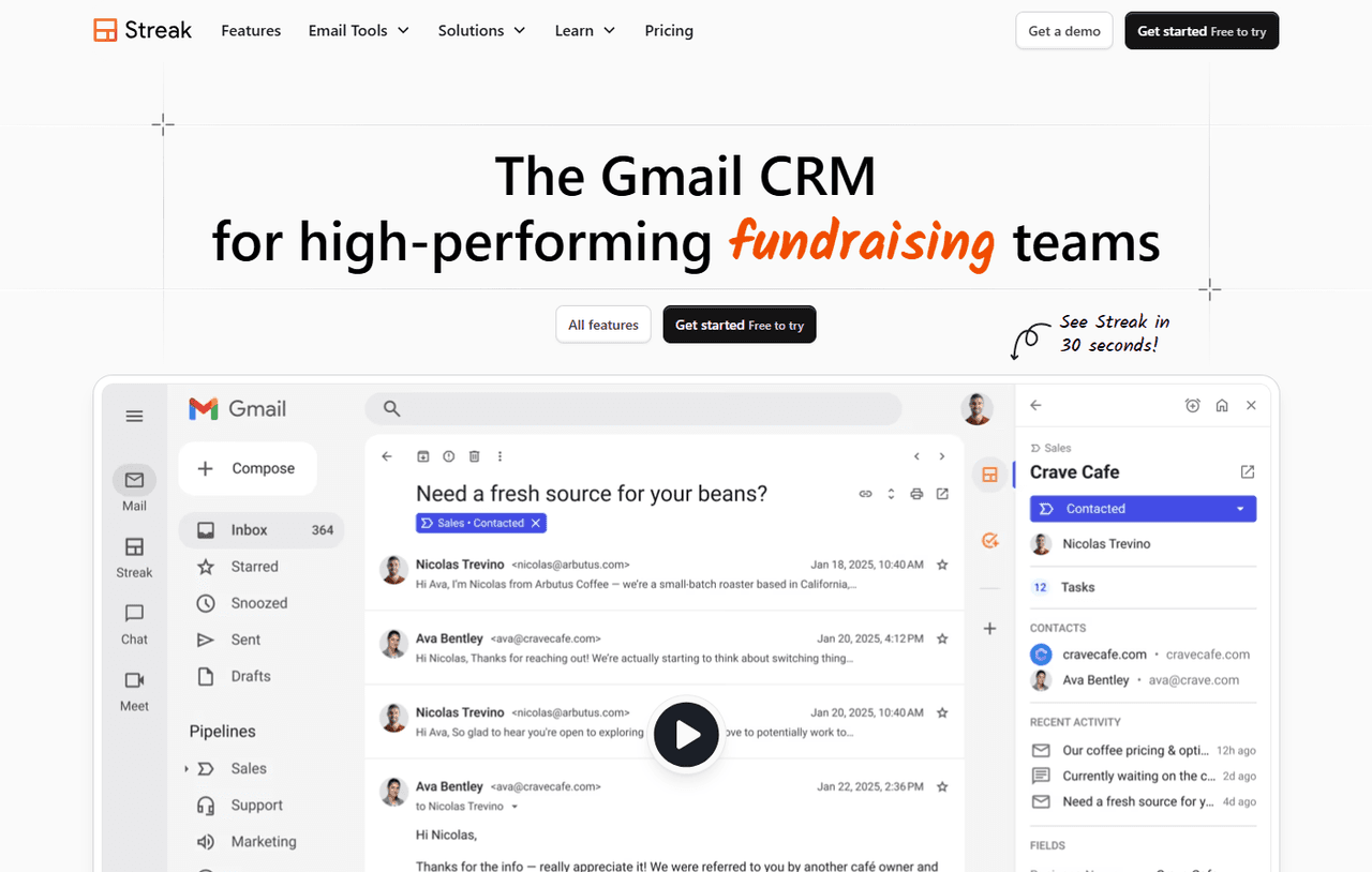 Email-embedded pipeline management highlighting conversations, tasks, and contact activity.