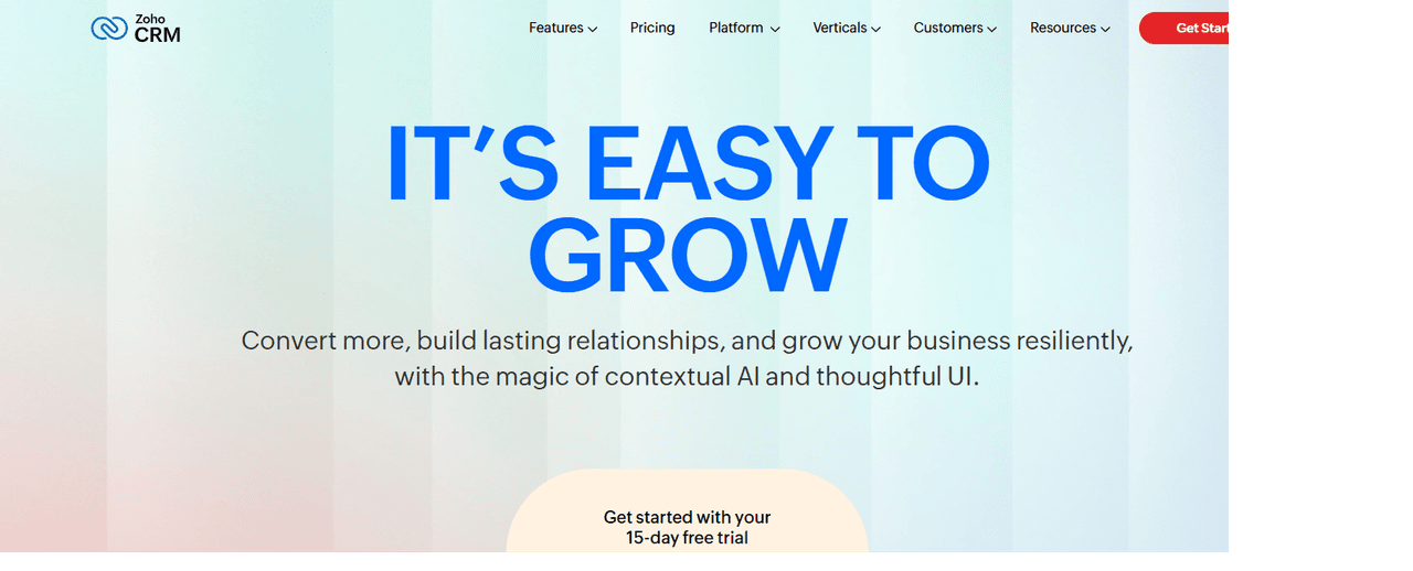It’s easy to grow headline showcasing Zoho CRM AI-powered tools for building customer relationships and driving business growth.