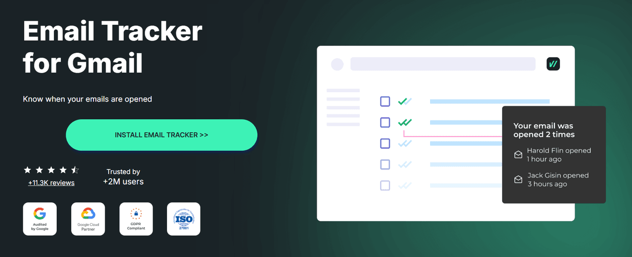 Gmail email tracker interface with real-time open notifications and recipient activity history.