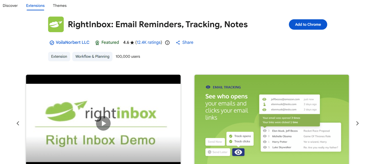 Chrome extension interface for Gmail featuring email reminders, tracking status, and link click notifications.