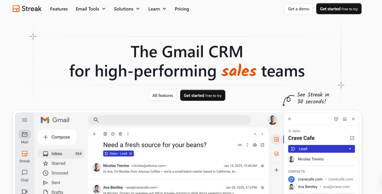 Integrated Gmail CRM dashboard managing sales leads and customer communication history directly in the inbox.