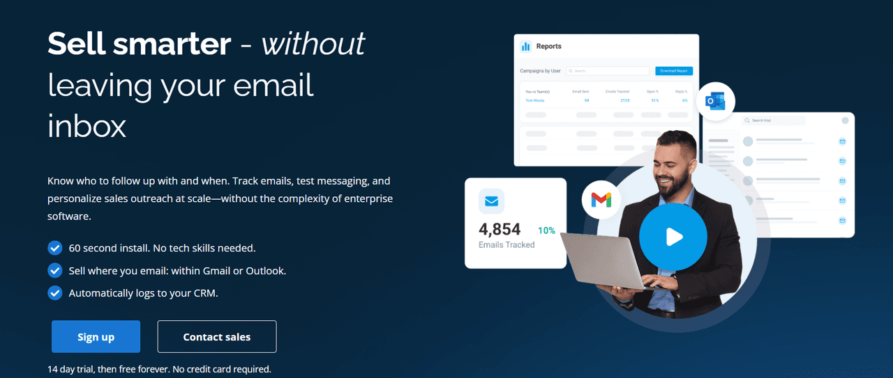 Sales outreach platform showing multi-channel tracking and CRM integration for Gmail and Outlook users.