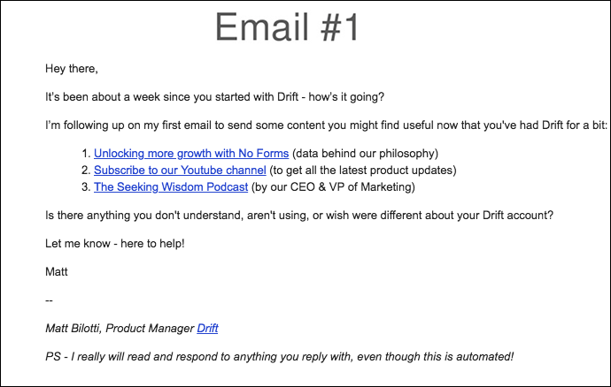 Drip Campaign Examples: Drift onboarding email 1