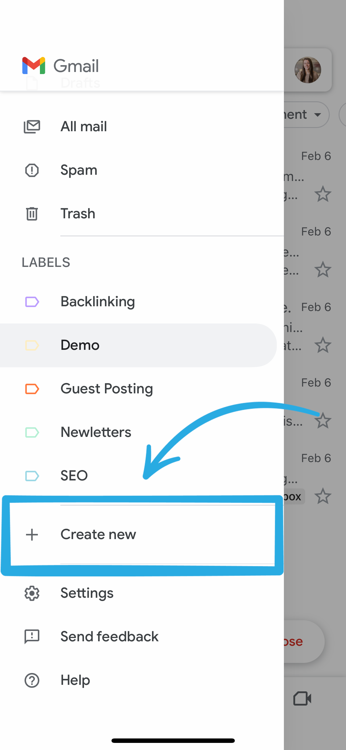 How to create folders in Gmail on mobile: Step 2