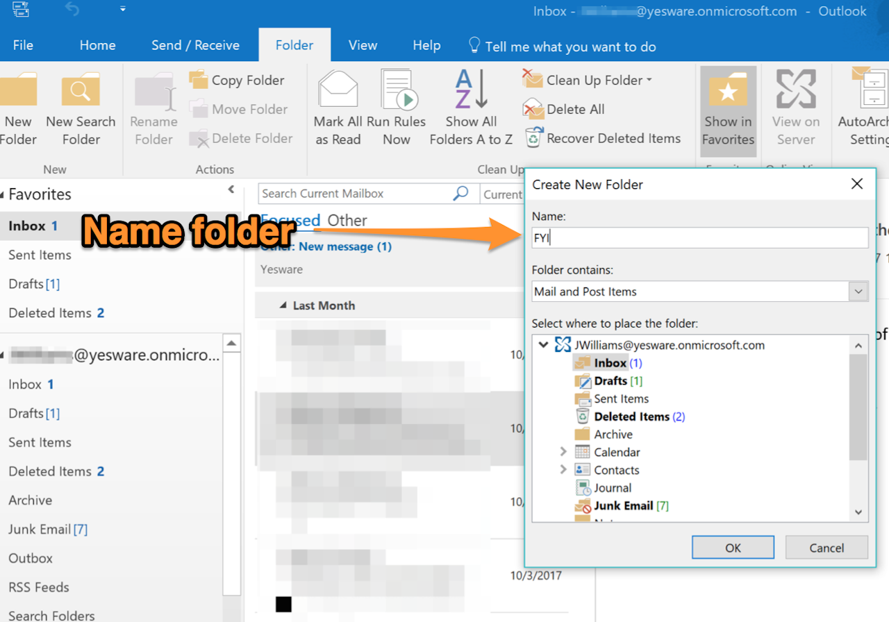 how to create folders in outlook
