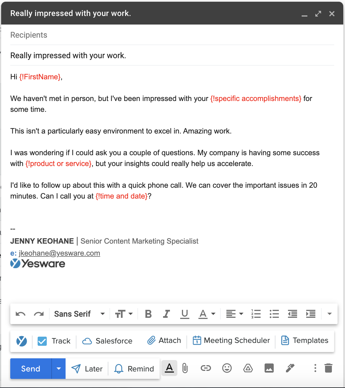 Formal email: sending a cold email using Yesware Templates