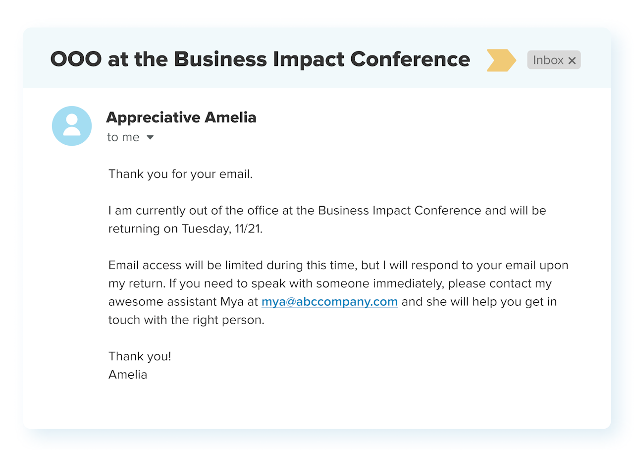 out of office message example for a conference