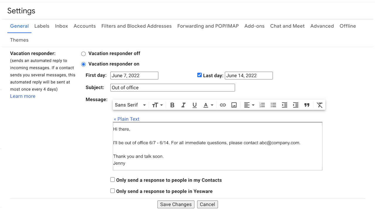 Instructions on Setting up Out-Of-Office Message in Gmail