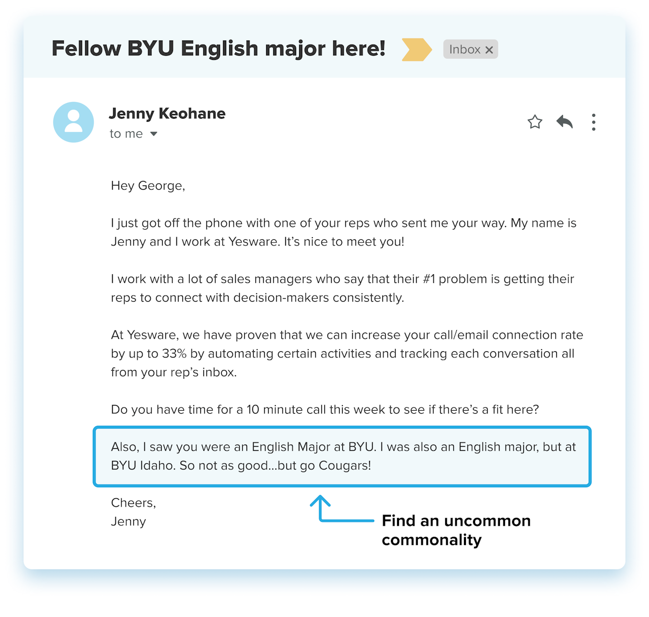 personalized email example: uncommon commonality