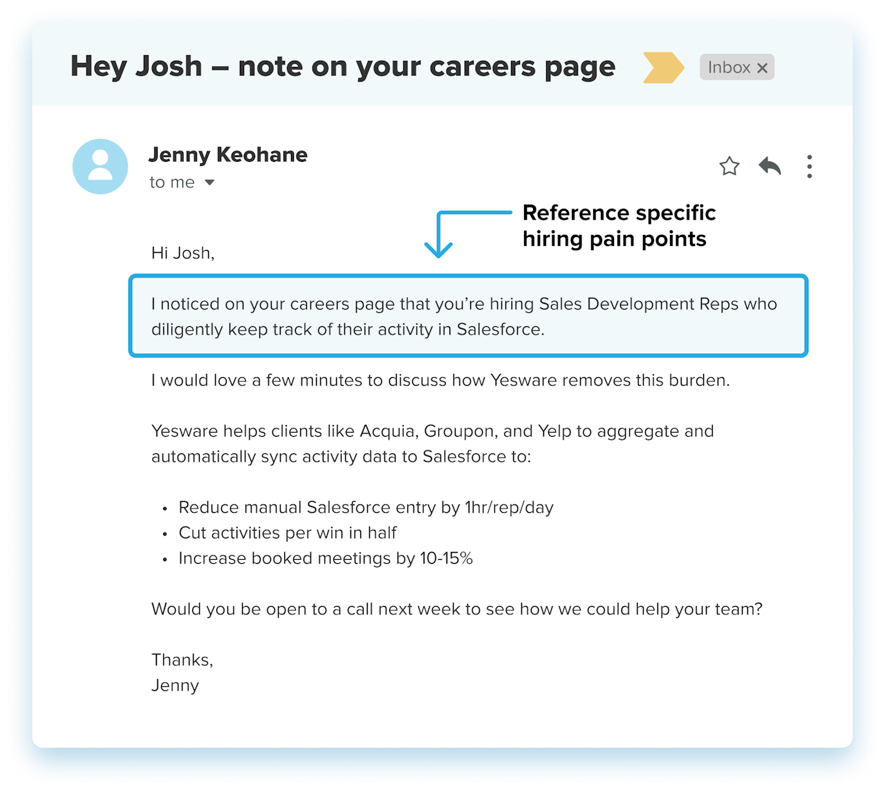 personalized email example: hiring pain points