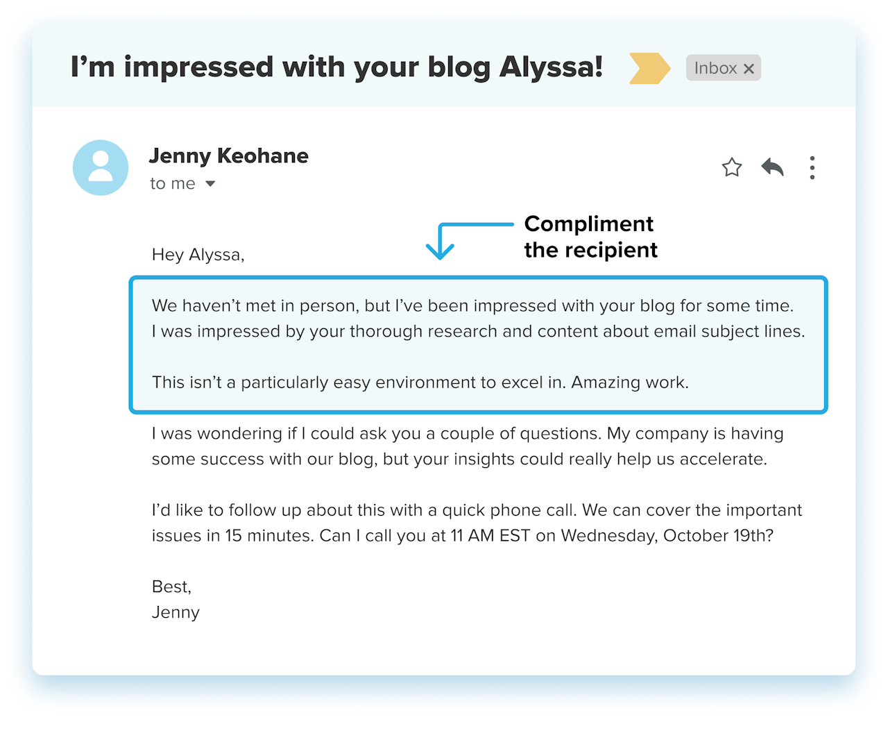 personalized email example: compliment the recipient