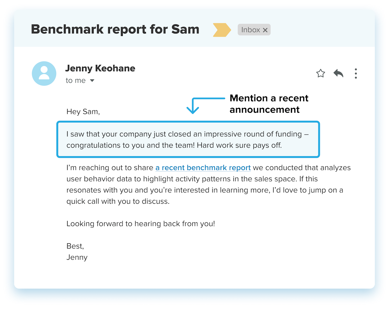 personalized email example: mention a recent announcement