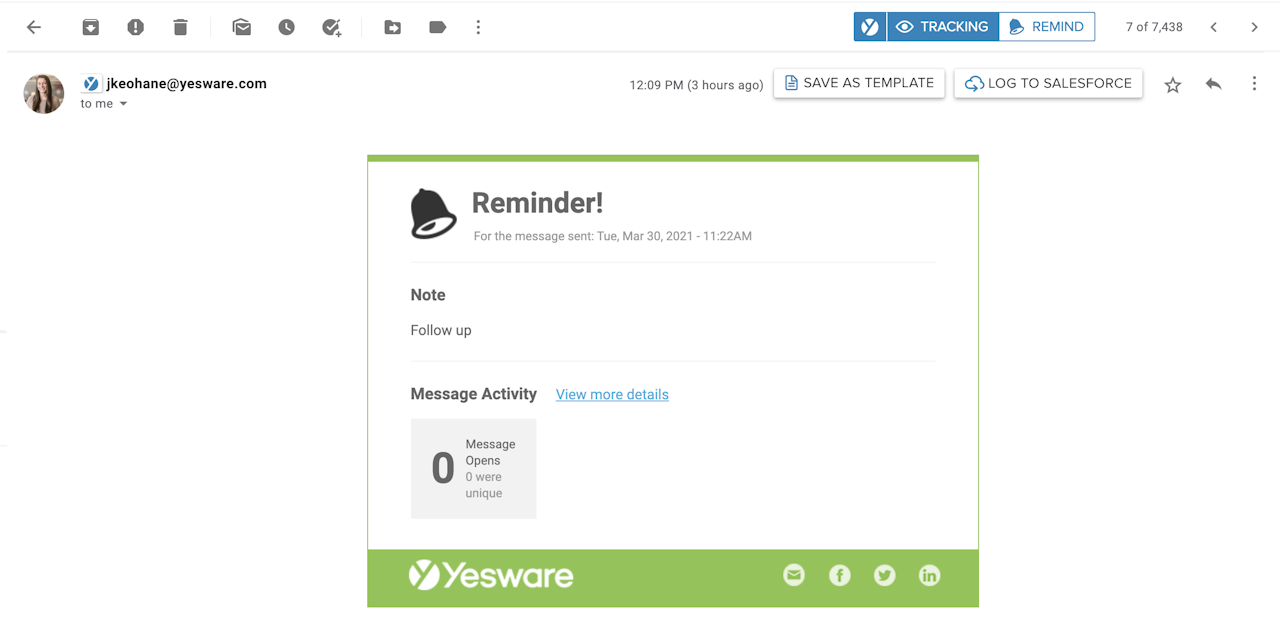 reminder email from yesware