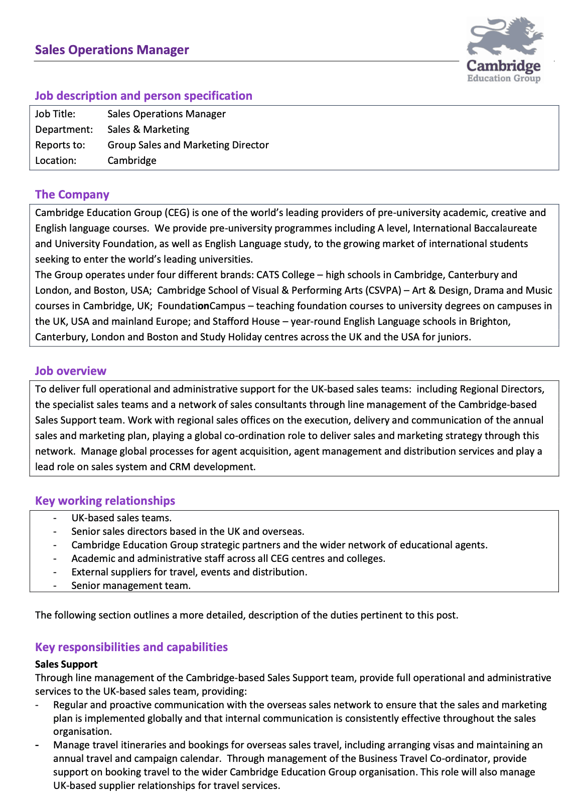 Sample Sales Operations Manager Job Description