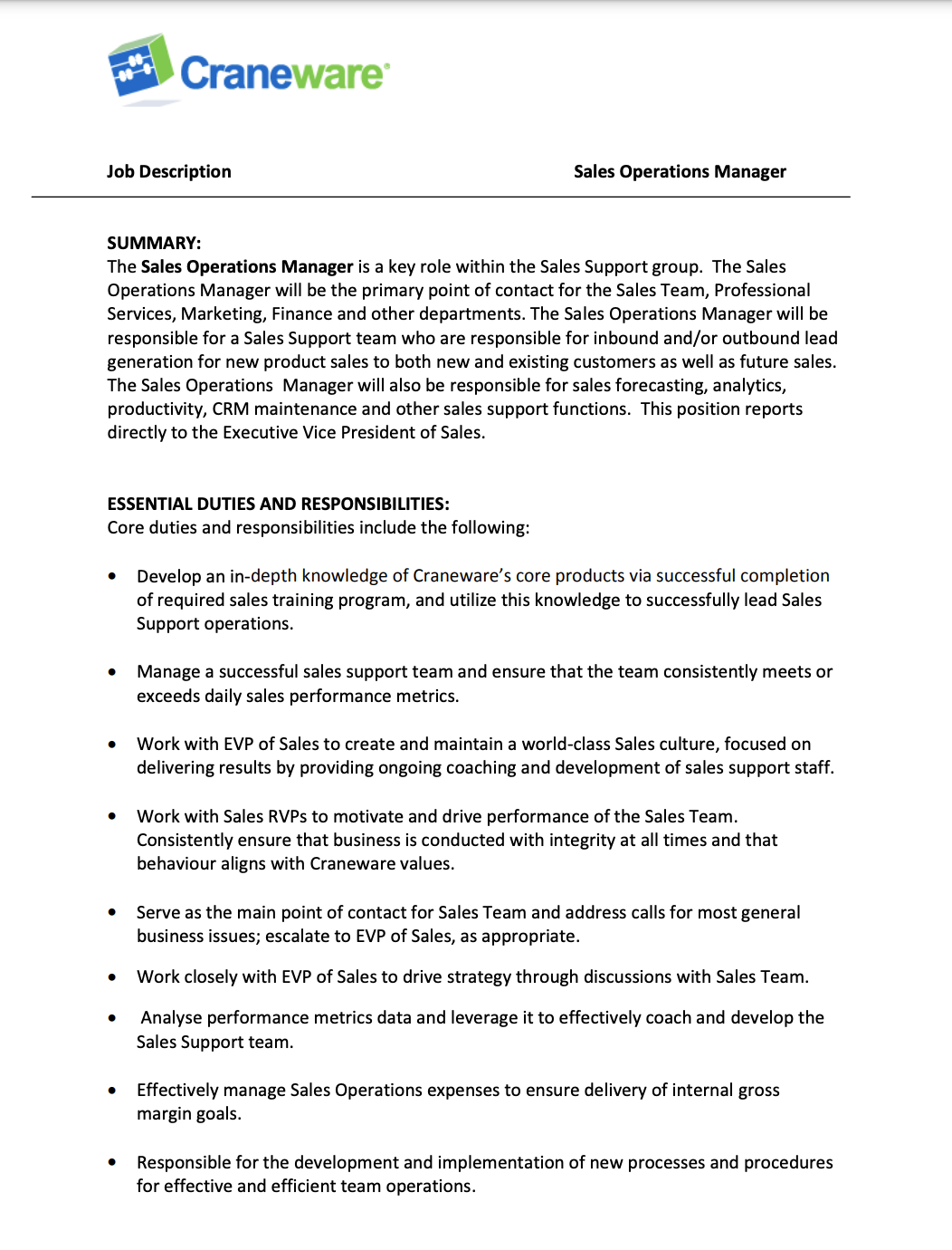 Sample Sales Operations Manager Job Description