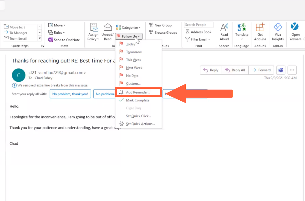 Add Reminder in Outlook