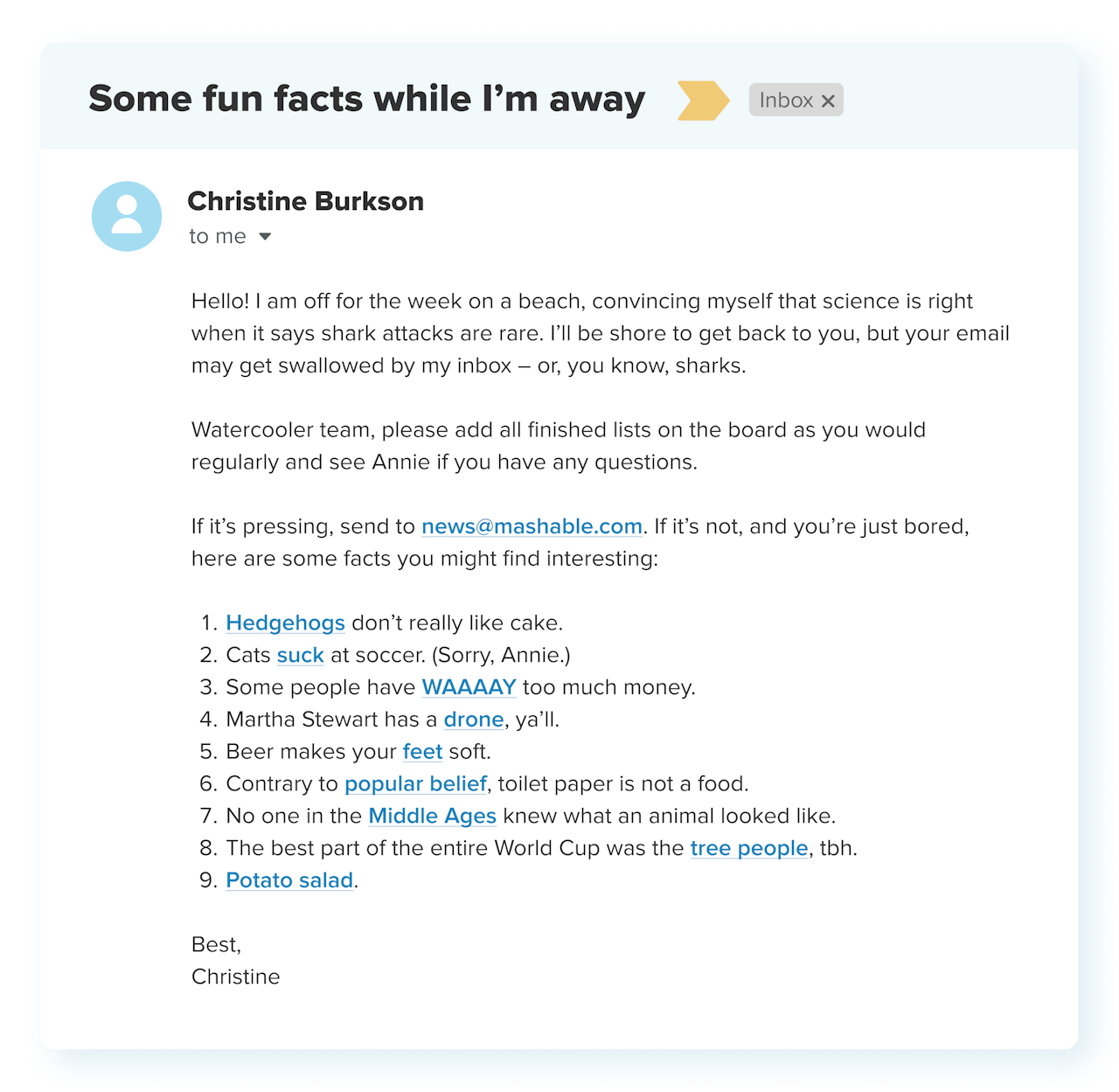 out of office message example: Use a fun fact in your autoresponder