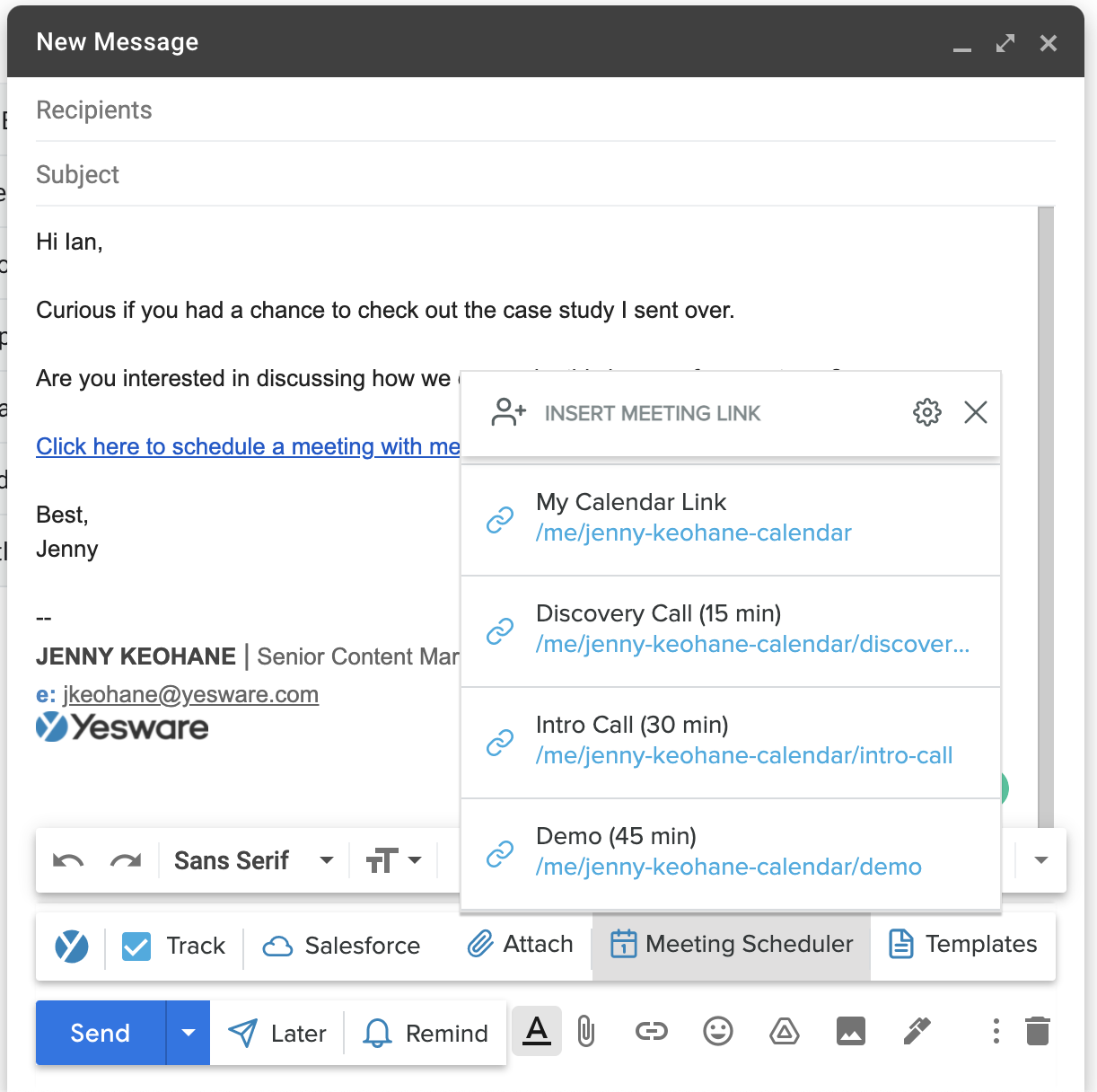 alternatives to say "looking forward to hearing from you" - end email with meeting scheduler link