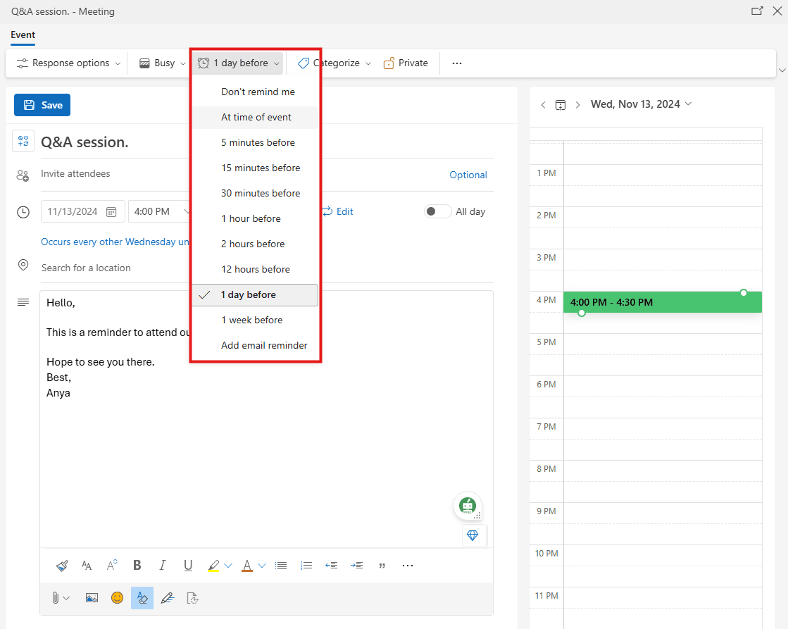 how to automate emails in outlook: add email reminder