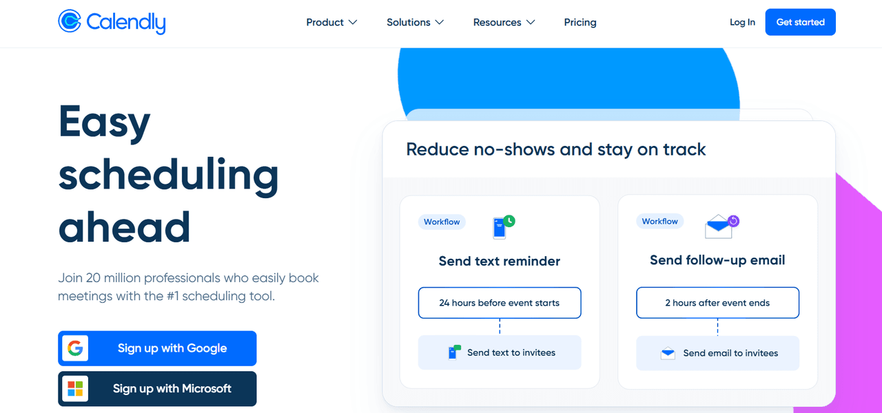 Calendly automated scheduling interface showing text and email reminder workflows to reduce meeting no-shows.