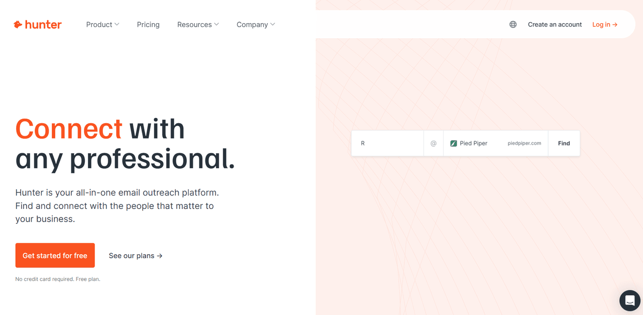 Hunter email outreach platform landing page showing a professional lead search tool for finding business contacts.