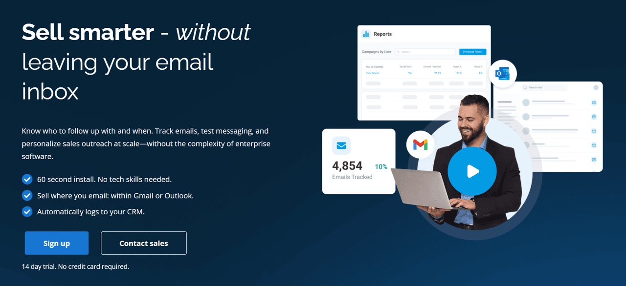 Yesware sales engagement platform overview showing email tracking and reporting tools integrated within Gmail and Outlook.