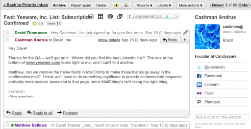 Rapportive for Gmail screenshot