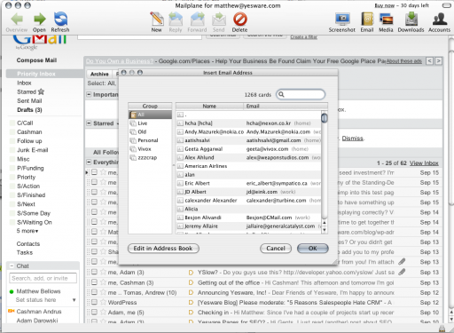 Here's how Mailplane looks with Mac Contacts exposed