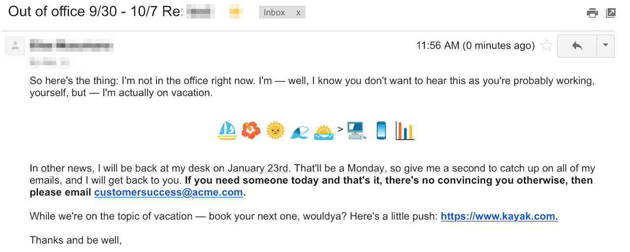 out of office example with emojis