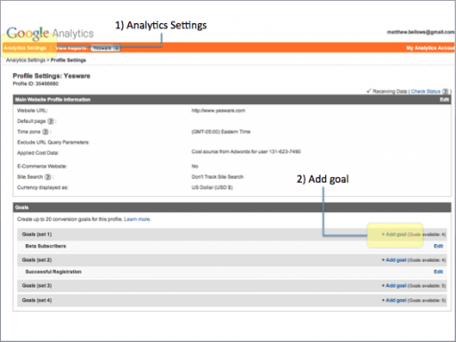 Starting a Google Analytics Goal